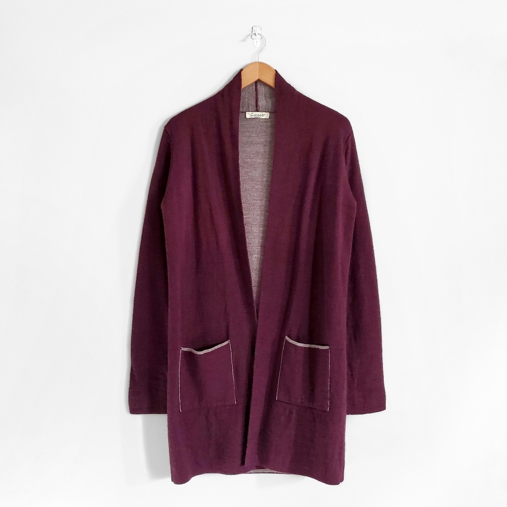 COCOGIO Purple Open Front Long Sleeve Wool Cardigan Made in Italy